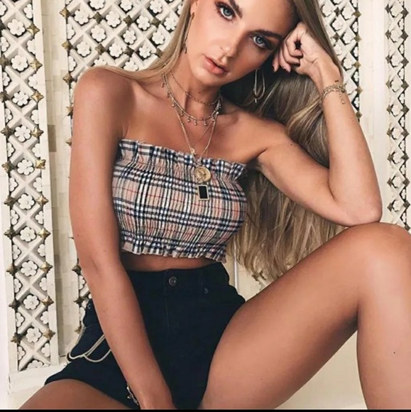 Plaid Tube Top| Striped Crop Top Bandeu Top - Picture 2 of 4